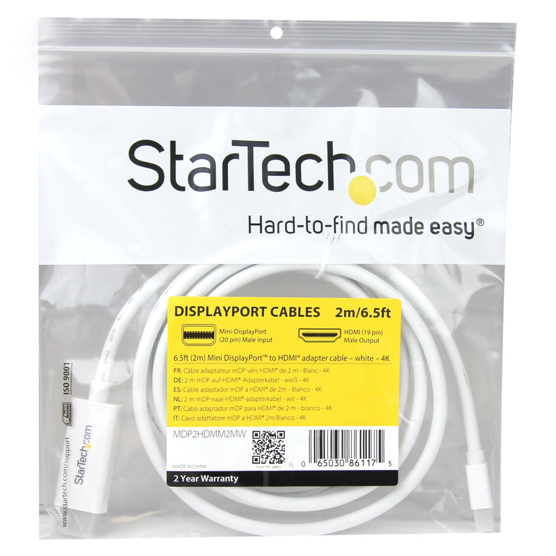 StarTech.com Mini DisplayPort to HDMI Converter Cable - 6 ft (2m) - mDP to HDMI Adapter with Built-in Cable - (M / M) Ultra HD 4K (MDP2HDMM2MW) 6 ft / 2m White