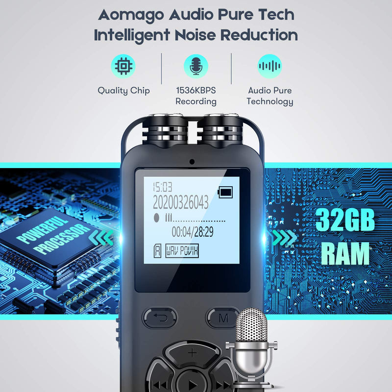 Aomago 32GB Digital Voice Recorder for Lectures Meetings - A36 Audio Recorder with Playback Support External Microphone and Line in Recording 1536Kbps Recording Dictaphone