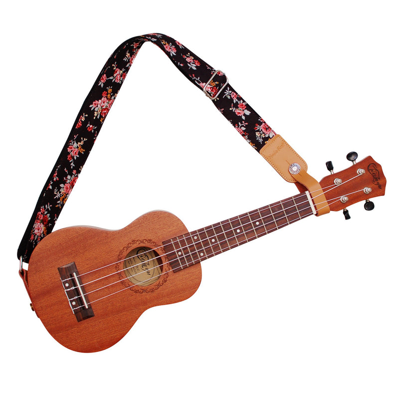 MUSIC FIRST Original Design “Rosa Multiflora in Black” Soft Cotton & Genuine Leather Ukulele Strap Ukulele Shoulder Strap