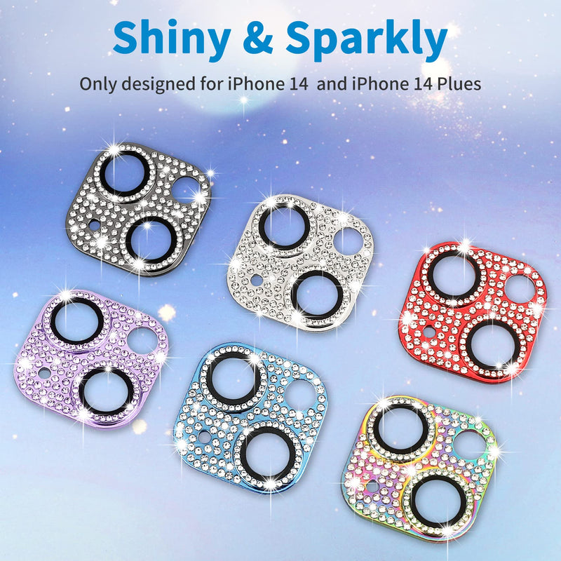 Hsefo for iPhone 14 and iPhone 14 Plus Camera Lens Protector, Bling 3D Rhinestone Sparkle Diamond 9H Tempered Glass Camera Cover Anti Scratch Shockproof Metal Lens Screen Full Protective Cover, Colorful Multi-Coloured