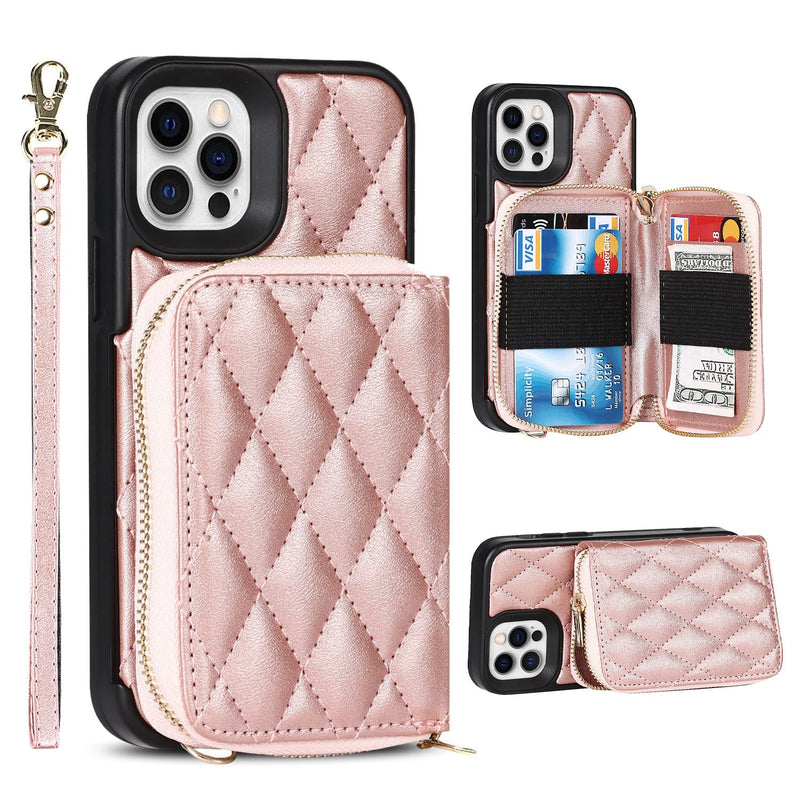 Jaorty Crossbody Detachable 2 in 1 Wallet Case for iPhone 12 and iPhone 12 Pro,Crossbody Case with Zipper Card Holder Bag Wrist Strap Lanyard Purse Compatible with iPhone 12/12 Pro 6.1 inch,Rosegold RoseGold