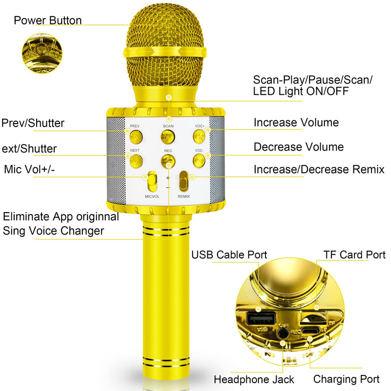 [AUSTRALIA] - Karaoke Microphone for Kids, Fun Toys Karaoke Machine with Bluetooth & LED Lights, Home KTV Birthday Party Player, Christmas Stocking Stuffers for 5 6 7 8 9 10+ Years Old Girls Boys Teens(Gold) Gold 