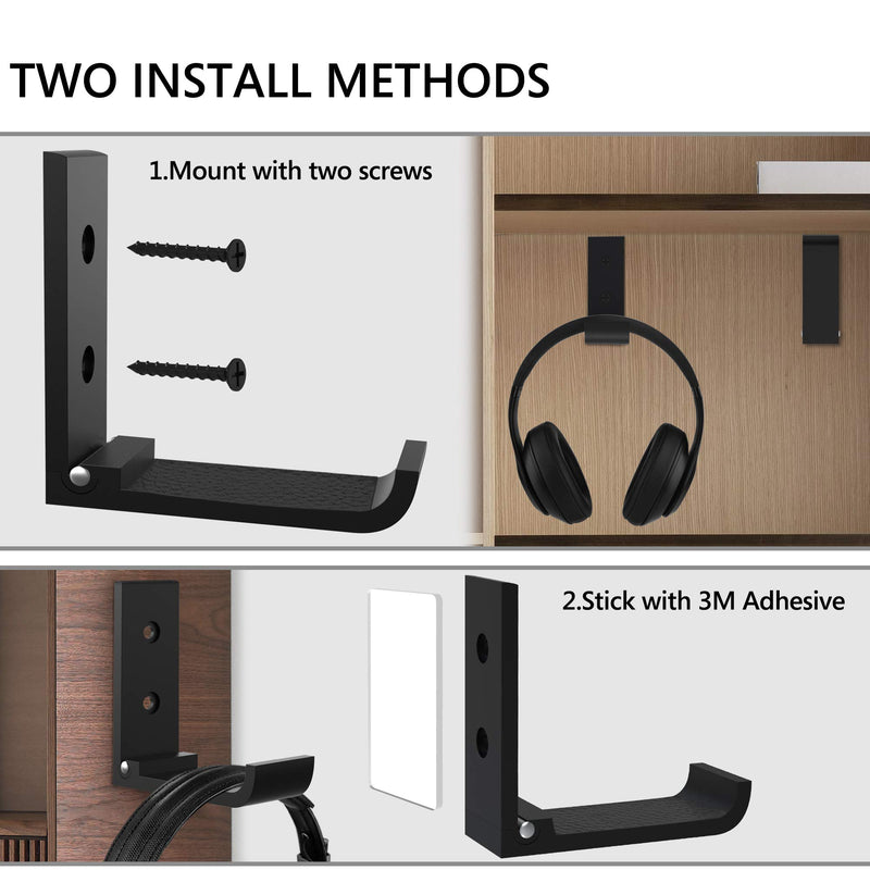 Geekria 2 Pack Foldable Wall Mounted Headphones Holder, Headset Wall Hanger, Aluminum WallMount Hook, Hold Up to 1KG with 3M Tape, 20KG with Screws, Stand Come with Headband Protective Pad (Black)