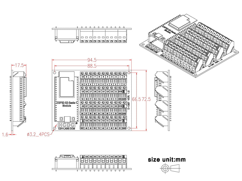 Screw Terminal Block Breakout Module Board for ESP32-S2-Saola-1