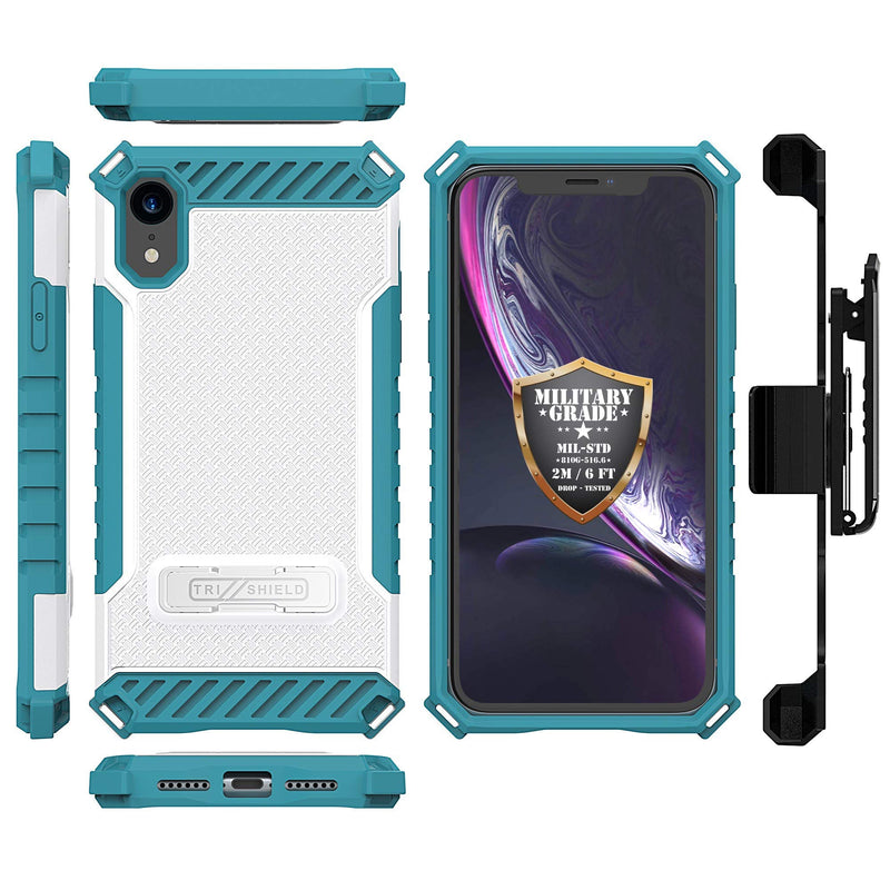 Beyond Cell TRISHIELD Series Rugged Cover with + [Belt Clip Holster] + [Built in Kickstand] Compatible with iPhone XR 6.1 -Light Blue Light Blue