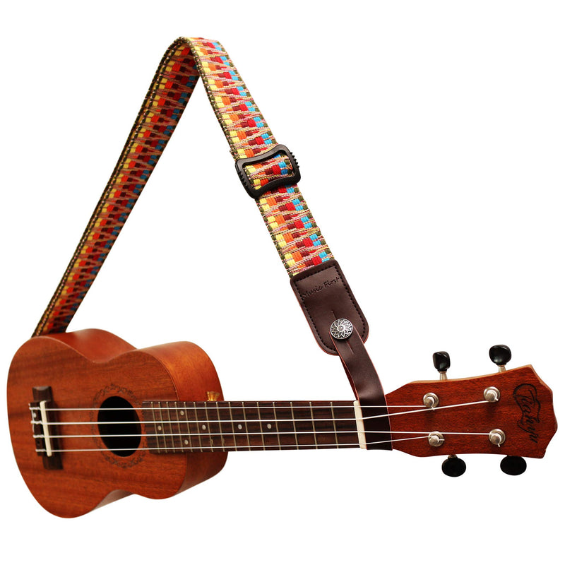 MUSIC FIRST Hawaii Woven Rainbow Adjustable 100% Cotton & Genuine Leather Ukulele Strap Shoulder Strap version 2.0 With a MUSIC FIRST Genuine Leather Strap Locker With A Leather Strap Locker