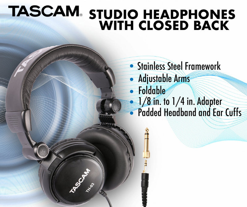 [AUSTRALIA] - Tascam TH-03 Studio Headphones – Closed Back, Padded, Adjustable Pro Audio Headset with Gold Tip 1/8 inch to 1/4 inch Adaptor 