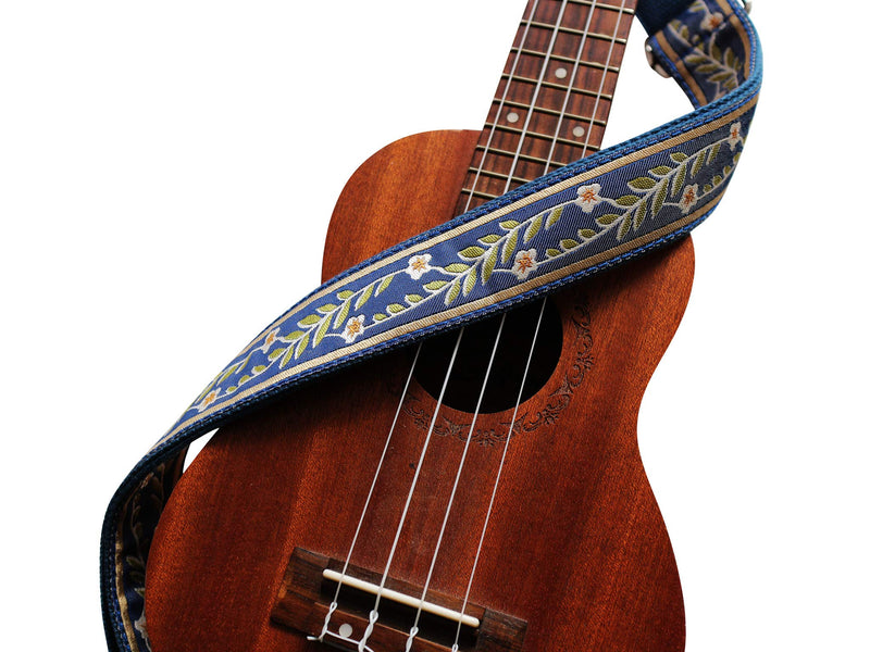 MUSIC FIRST Original Design Vintage Blue “Jasmine” Soft Meshbelt & Genuine Leather Ukulele Strap Ukulele Shoulder Strap With a MUSIC FIRST Genuine Leather Strap Locker