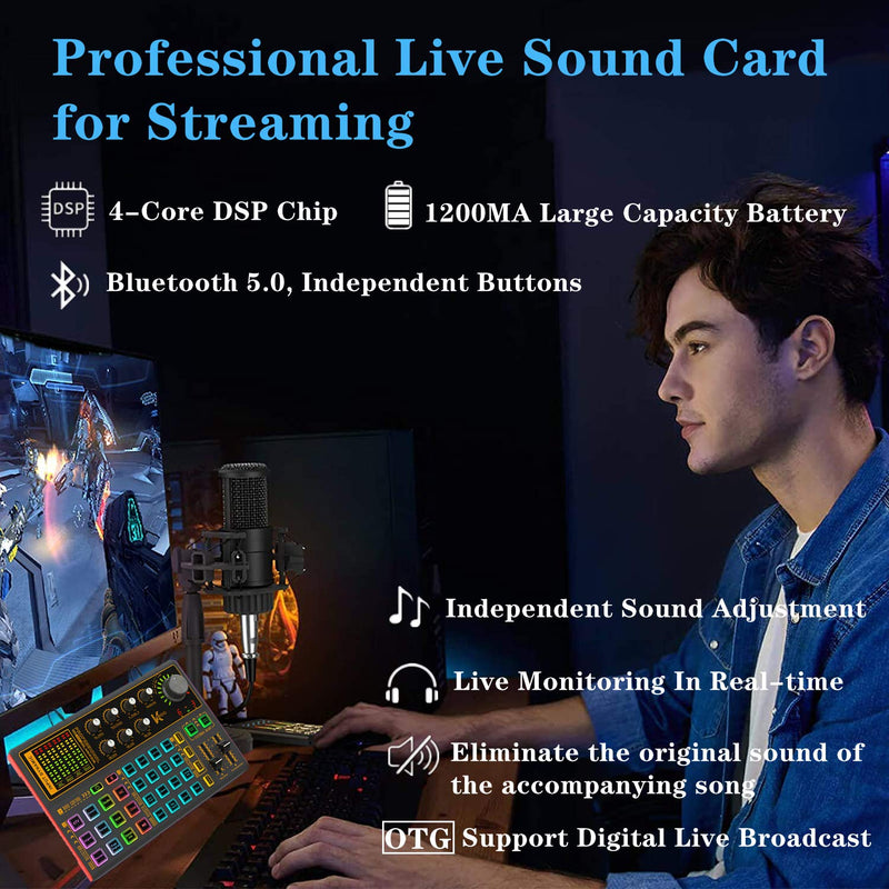 Sound Mixer Board, Live Sound Card Voice Changer with Multiple Sound Effects and LED Light for Live Streaming, Audio Mixer for Music Recording Karaoke Singing Broadcast on Cell Phone Computer