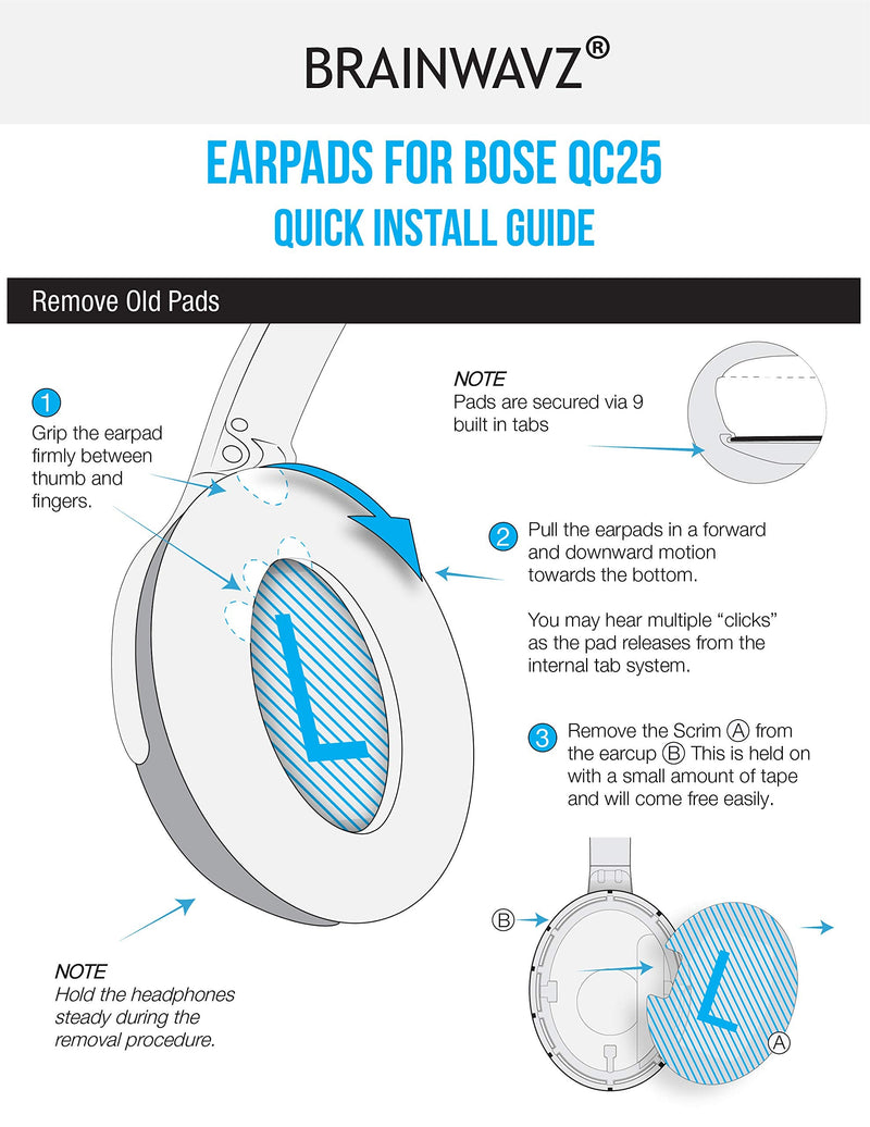 Replacement Earpads for Bose QuietComfort QC 15 25 35 Premium Ear Pads QC15 QC25 QC35 AE2 & SoundLink, Memory Foam, Soft & Long Lasting by Brainwavz