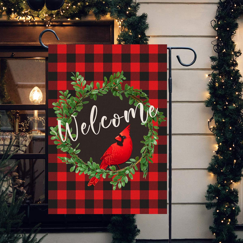 Cardinal Christmas Garden Flag | Wreath Welcome Garden Flag 12.5 x 18 Inch | Buffalo Check Plaid Winter Yard Flag Double Sided | Rustic Christmas Yard Decorations | Holiday Outdoor Flags