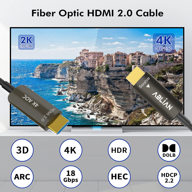 Fiber Optic HDMI Cable 50ft,HDMI 2.0 Optic Cable 18Gbps high Speed,Support 4K@60Hz,Dynamic HDR 10,eARC,Compatible with PS4,Xbox,Apple TV, Projector.CL3 Rated for in-Wall Installation. HDMI 2.0 cable 50ft 4K fiber