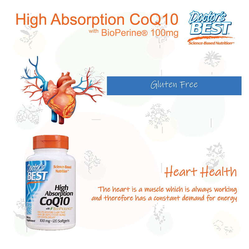 Doctor's Best High Absorption CoQ10 with BioPerine, Gluten Free, Naturally Fermented, Heart Health, Energy Production, 100 mg, 120 Count 120 Count (Pack of 1)