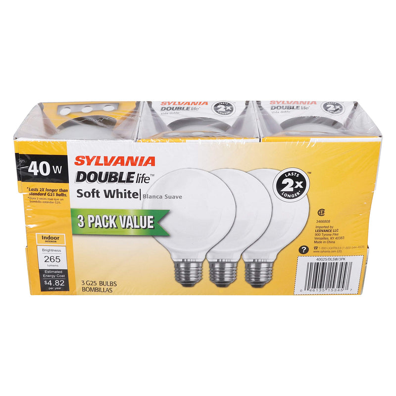 SYLVANIA Home Lighting 15345 Incandescent Bulb, G25-40W, Soft White Finish, Medium Base, Pack of 3 3 Pack