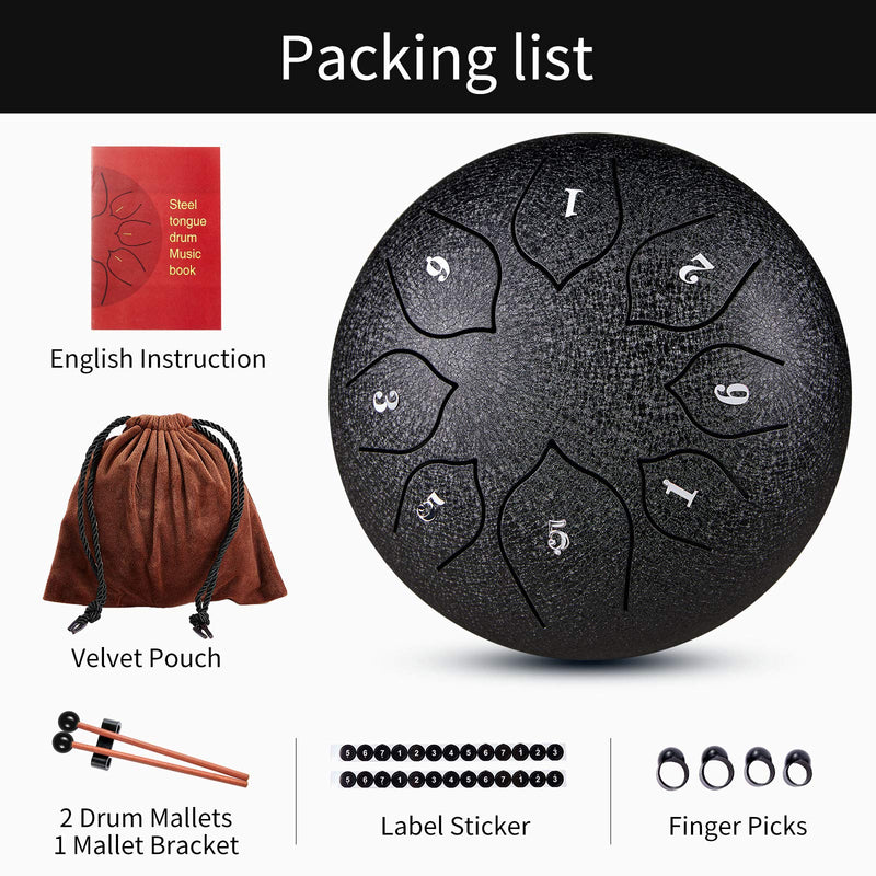 Byla Steel Tongue Drum 8 Notes 6 Inches Hand Pans Drum for Adults,Child and Beginner Lotus Music Instrument Panda Drum Black Percussion with Bag, Music Book, Mallet and Finger Picks 6 inch