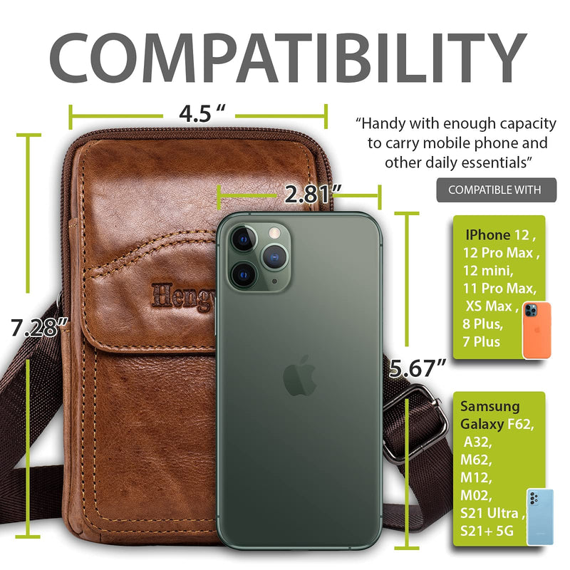 Hengwin Genuine Leather Phone Crossbody Bag Men Purse iPhone 11 Pro Max XS Max XR 8/7/6 Plus Samsung Galaxy S20+ S10+ S9+ S8+ Note 10+ 9 8 Holster Pouch Case with Belt Clip Loop Shoulder Strap (Brown) Brown