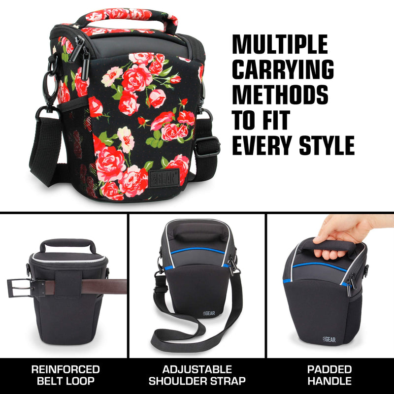 USA Gear SLR Camera Small Case Bag for Men and Women with Top Loading Accessibility, Adjustable Shoulder Sling, Padded Handle - Comfortable, Durable and Light Weight for Nikon, Canon, etc (Floral) Floral