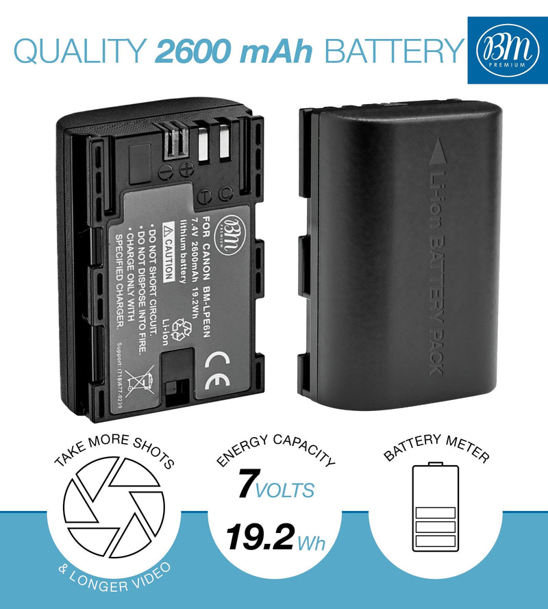 BM Premium 4 Pack of LP-E6N High Capacity Batteries and Dual Bay Charger for Canon EOS R, EOS 60D, EOS 70D, EOS 80D, EOS 90D, EOS 5D III, EOS 5D IV, EOS 5Ds, EOS 6D II, EOS 7D Mark II, XC15 Cameras