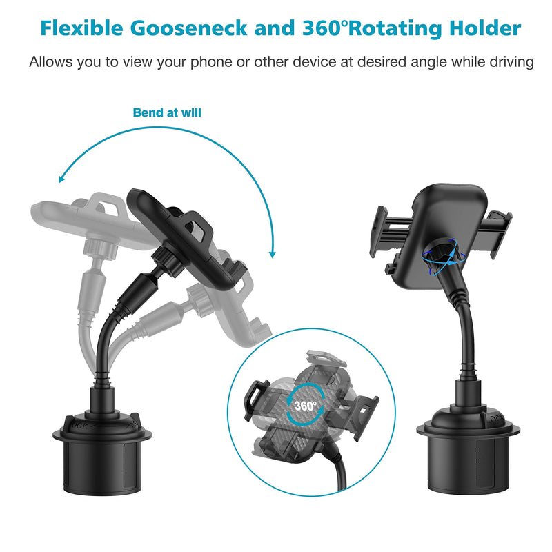 Car Cup Holder Phone Mount, Adjustable Gooseneck Cupholder Cell Phone Cradle with 360° Rotatable Holder, Compatible with Most Smart Phones