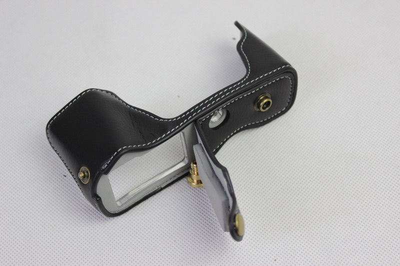 EM10 Mark III Case, BolinUS Real Genuine Handmade Leather FullBody Camera Case Bag Cover for Olympus OM-D E-M10 Mark III Bottom Opening Version + Neck Strap + Mini Storage Bag - Black