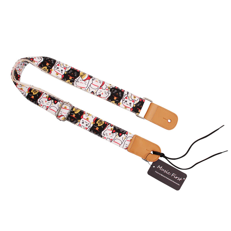 MUSIC FIRST Original Design “Fortune Cats (Maneki Neko)” Soft Cotton & Genuine Leather Ukulele Strap Ukulele Shoulder Strap