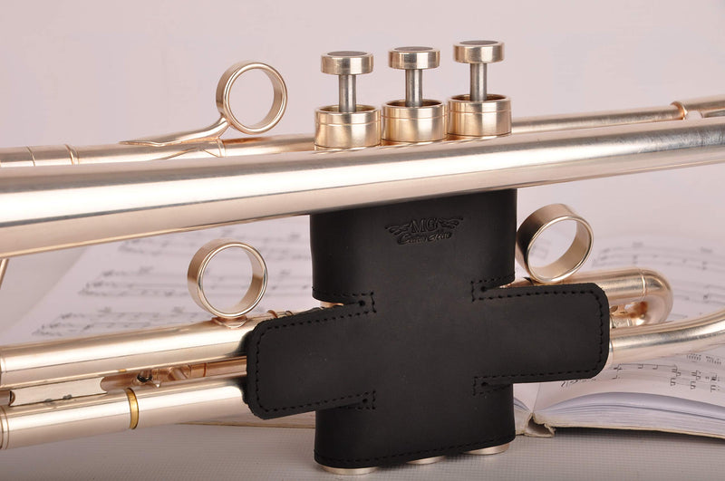 Trumpet valve Guard MG Leather Work, valve protector for lacquer, raw brass, silver finish (Guard, Black)