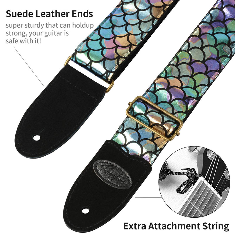 Guitar Strap Bling Mermaid Style 2 Strap Locks with 1 Strap Button - Cotton & Suede Leather Ends Strap for Acoustic & Electric Guitars, Bass Guitars (Bling Mermaid)