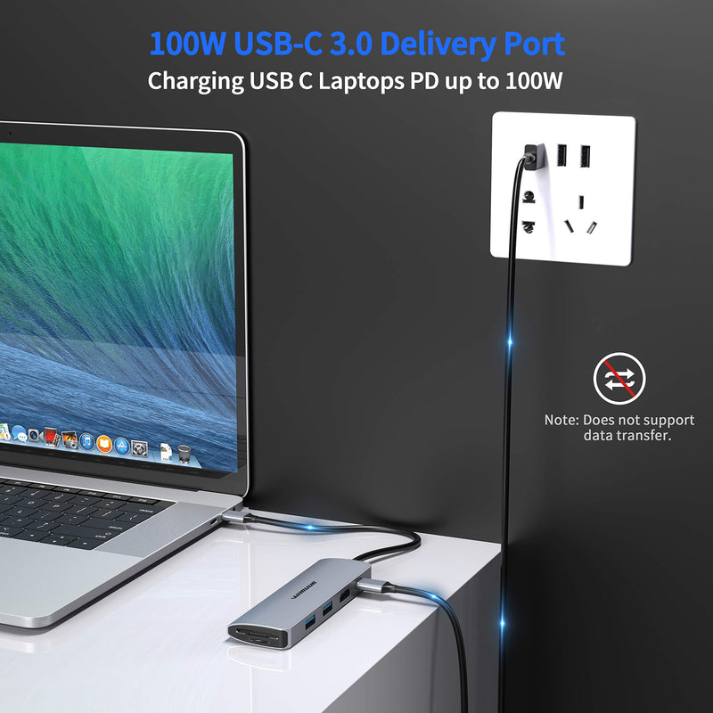 USB C Hub, WIMUUE 7-in-1 USB-C Adapter for MacBook Pro/Air Multiport Dock for USB Type C Laptops - USBC Dongle with 2 x USB 3.0 Ports 100W Power Delivery, 4K HDMI, Micro SD and SD Card Reader Slots