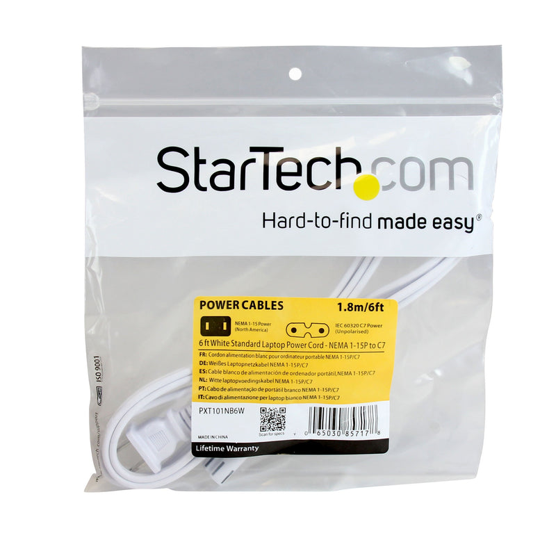 StarTech.com 6 ft White Standard Laptop Power Cord - NEMA 1-15P to C7-2-Slot Laptop/Notebook Charger Cable - Apple TV Power Cable 6ft (PXT101NB6W)