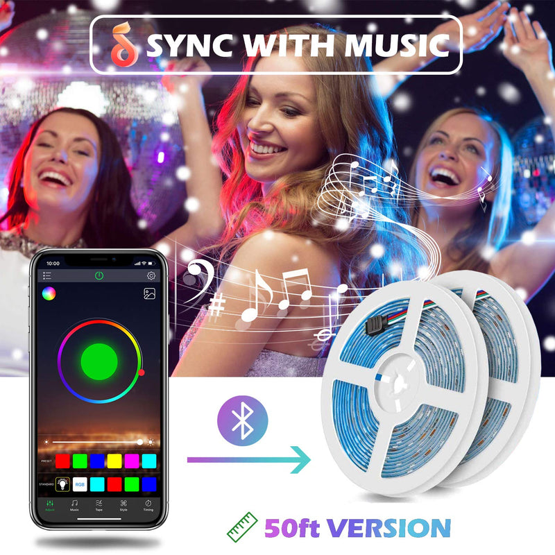 [AUSTRALIA] - 50Ft/15M Bluetooth RGB LED Strip Lights - Music Sync LED Light Strip Controlled by Smart Phone APP - 450LEDs RGB LED Light Strips Full Kit with Remote Controller for Party, Living Room 50Ft 