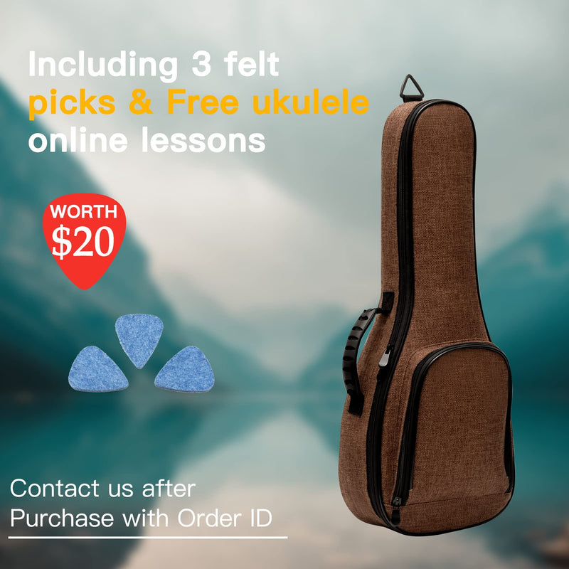 Deviser 21 Inch Ukulele case 0.5 Inch Padded Sponge wrinkleproof linen fabric ukelele case Soprano ukulele gig bag with 3 Felt picks Brown 21 Inch Soprano ukele bag
