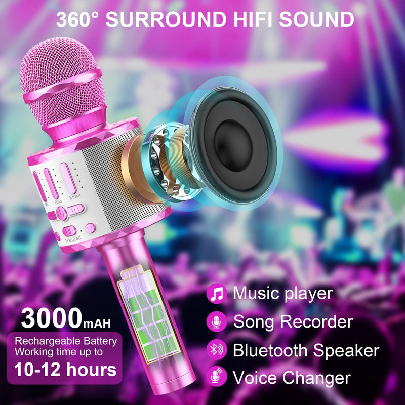 Karaoke Microphone for Kids Adults, Wireless 5 in 1 Handheld Bluetooth Microphone with LED Lights, Portable Smartphone Speaker Boys Girls Singing Toys for Home KTV Outdoor Christmas Birthday Party