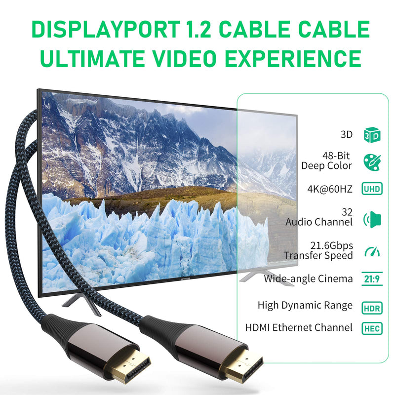 Maspar DisplayPort Cable DP Cable 6ft 4K@60Hz (NOT HDMI) Gold-Plated Braided 21.6Gbps High Speed DisplayPort to DisplayPort Cable Compatible 3D, Laptop, PC, Gaming Monitor, TV - Brown