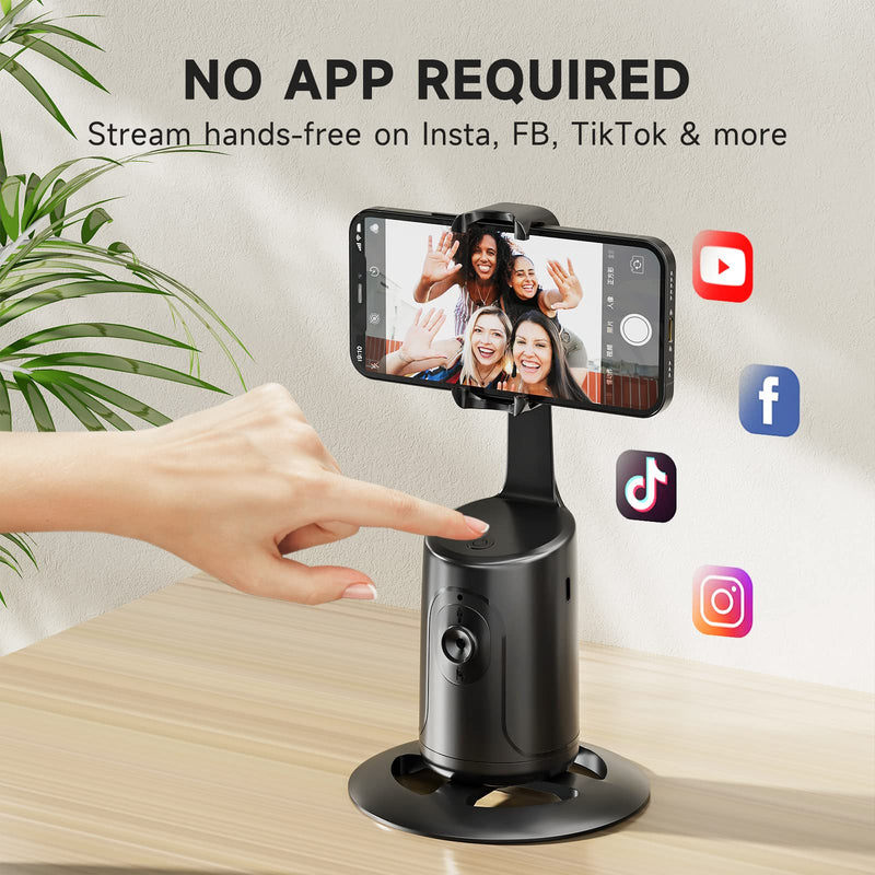 Auto Face Tracking Tripod - 360° Rotation Auto Tracking Phone Holder, No App, Phone Camera Mount with Remote and Gesture Control, Rechargeable Smart Shooting Holder for Video Recording, Tiktok Black