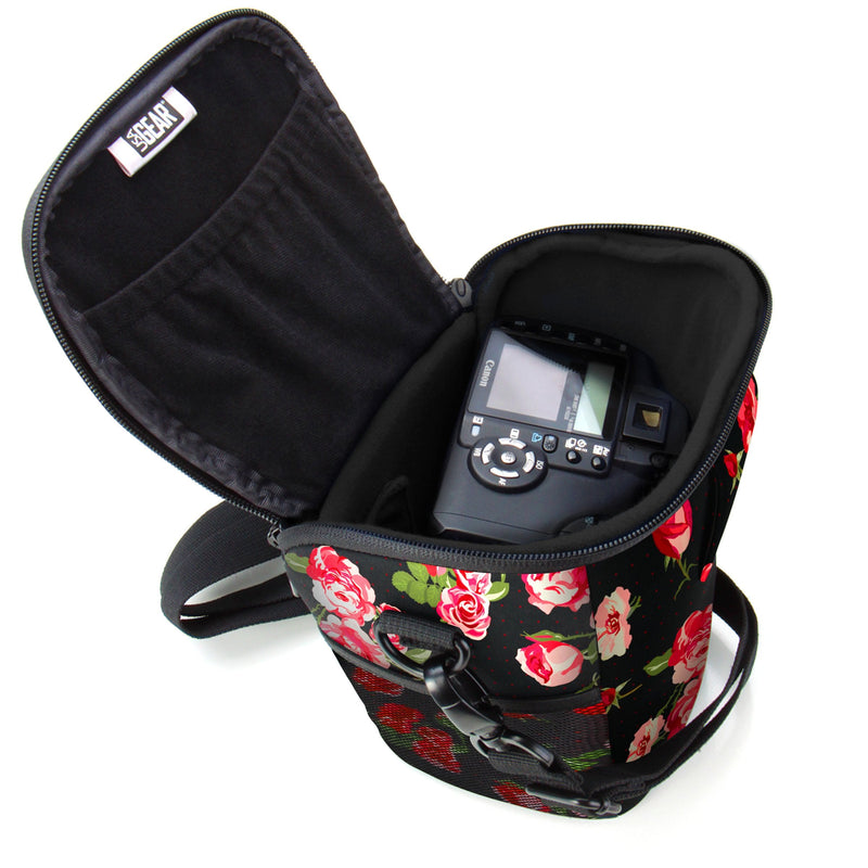 USA Gear SLR Camera Small Case Bag for Men and Women with Top Loading Accessibility, Adjustable Shoulder Sling, Padded Handle - Comfortable, Durable and Light Weight for Nikon, Canon, etc (Floral) Floral