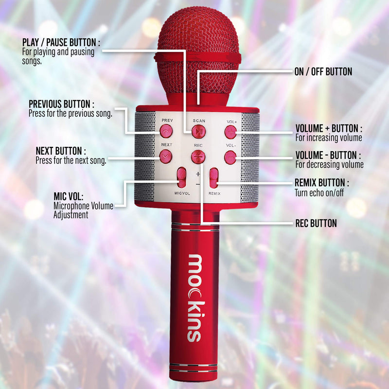 Mockins Wireless Bluetooth Karaoke Microphone with Built in Bluetooth Speaker All-in-One Karaoke Machine | Compatible with Android & iOS iPhone - Red Color