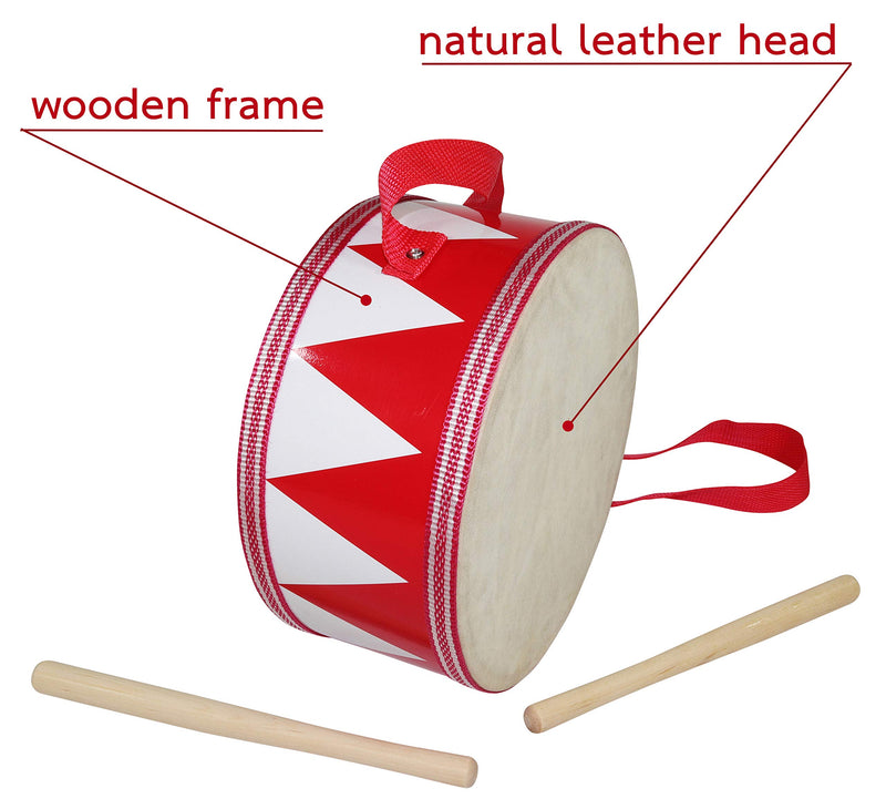 8-inch Kids Drum - Adjustable Strap - Wooden Drumsticks 8 in Red/White