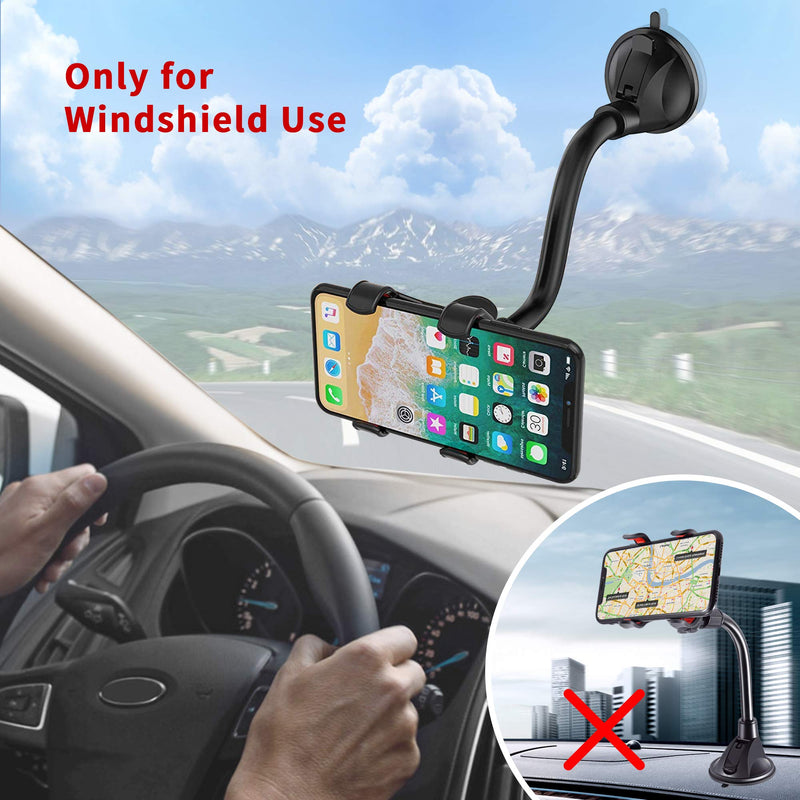 IPOW Upgraded No Glue Car Phone Mount Windshield with Strong Suction, Long Arm Cell Phone Holder for Car with X-Shaped Clamp Fits Thick/Irregular Phone Case