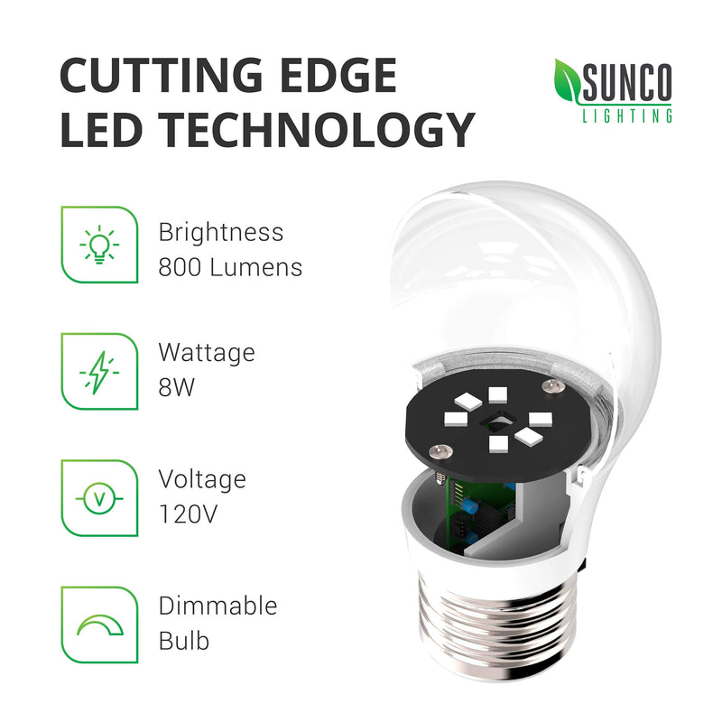 Sunco Lighting 4 Pack A15 LED Bulb, 8W=60W, 6000K Daylight Deluxe, Dimmable, 800 LM, E26 Base, Refrigerator & Fan Light - UL & Energy Star