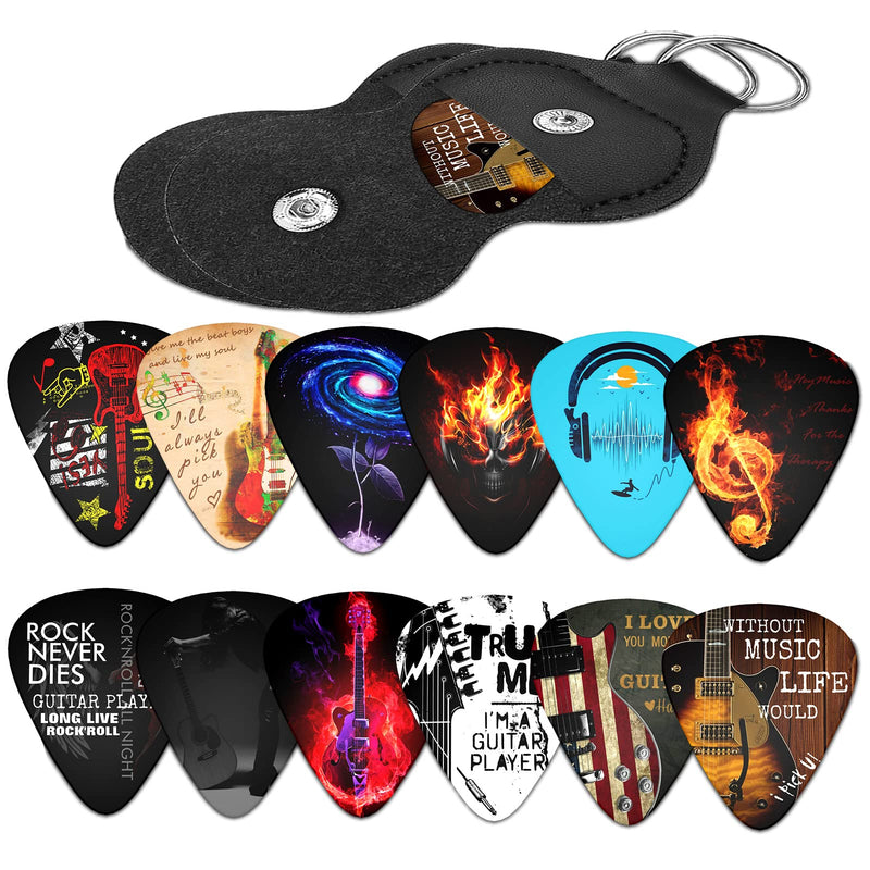 Cool Guitar Picks 12 Medium Pack with Leather Picks Holder ,Unique Artistic Personalized Guitar Pick Punch for Electric Guitar Bass Acoustic Guitar Lovers Gift (Medium)