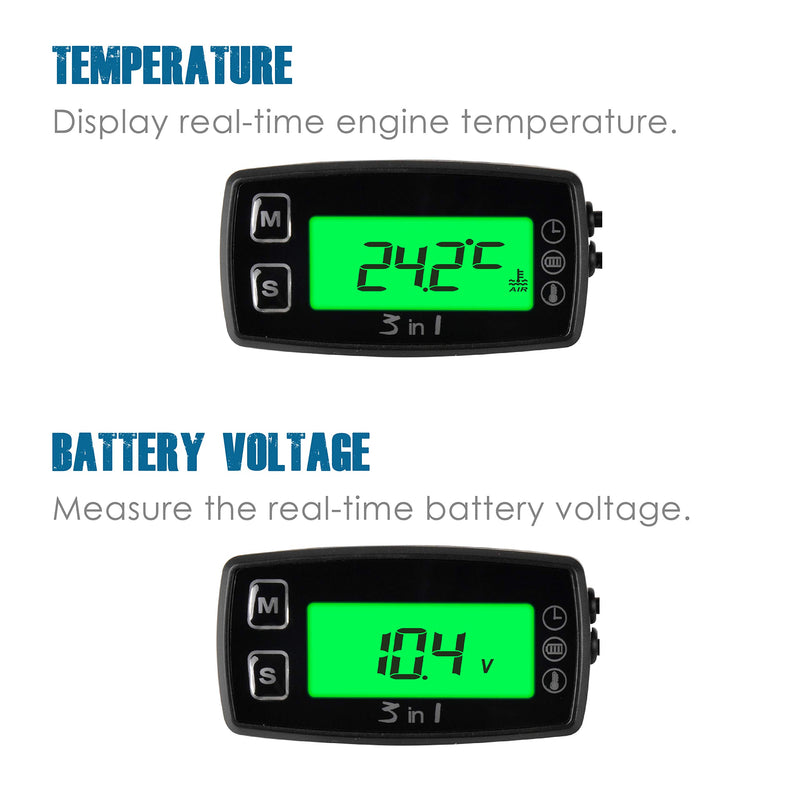 Runleader Digital LCD Engine Temperature Gauge Volt Meter,Programmable Alert Reminder,Clock Display,Backlight Mode Selection for Generator Motorcycle Dirtbike ATV Outboard Motor Marine Snowmobile