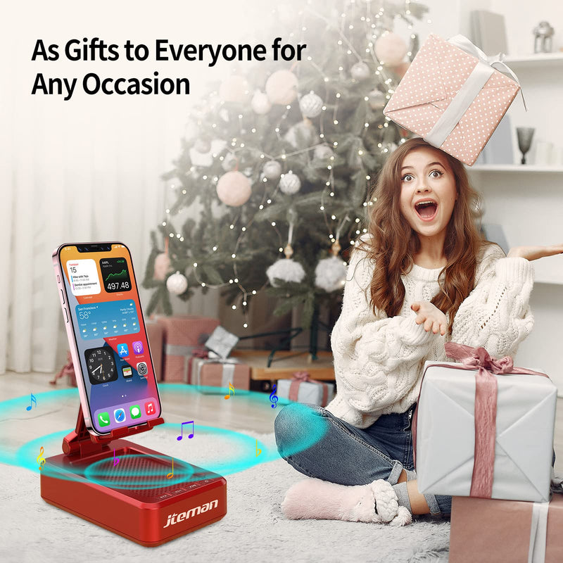 JTEMAN Portable Wireless Bluetooth Speakers with Cell Phone Stand,Gifts for Women and Men,Birthday Christmas for Women Men,Kitchen Gadgets for Men,Compatible for iPhone/Samsung/Mini iPad - Red