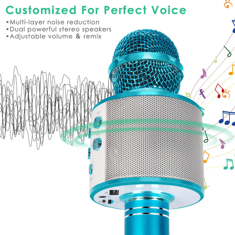 [AUSTRALIA] - KIDWILL Wireless Bluetooth Karaoke Microphone for Kids, 5-in-1 Portable Handheld Karaoke Mic Speaker Player Recorder with Adjustable Remix FM Radio for Kids Girls Boys Teens Birthday (858-Blue) Blue 