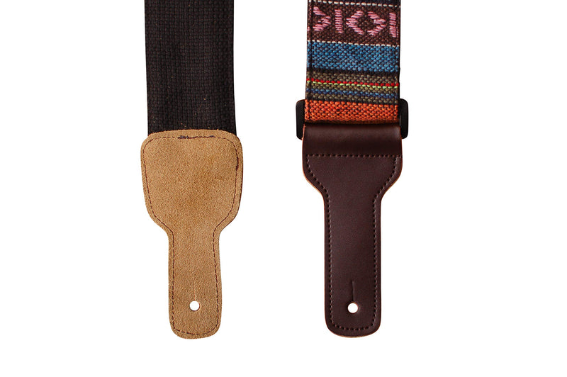 MUSIC FIRST Original Design, 2 inch width (5cm), Classic Country Style Soft Cotton & Genuine Leather Delux Banjo Strap, With 2 pieces of MUSIC FIRST Leather Strap Locker. (Classic Country Style)