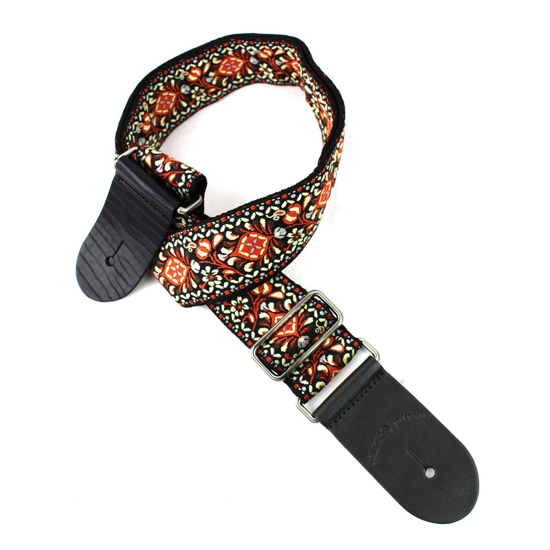 Walker And Williams H-31-MET Vintage Series Red Orange, Black And Gold Mandala Woven Strap with Chrome Hardware & Leather Ends