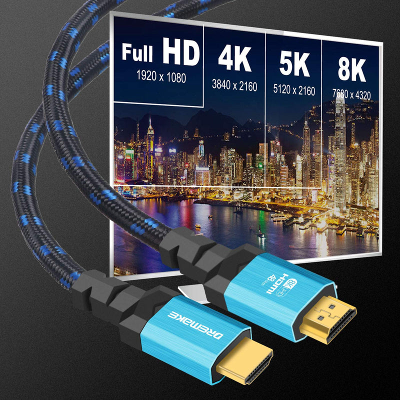 DREMAKE Certified HDMI 2.1 Cable 1.5M, HDMI Cable UHD 8K@60Hz 4K@120Hz, 48Gbps High Speed Support RGB4:4:4, Dolby Vision, Dynamic HDR, eARC for HDTV, Xbox Series X/S, Blu-ray Player - Black/Blue Tweed