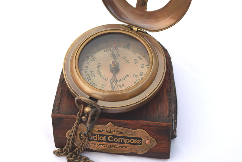 NEOVIVID Brass Sundial Compass with Leather Case and Chain - Push Open Compass - Steampunk Accessory - Antiquated Finish - Beautiful Handmade Gift -Sundial Clock
