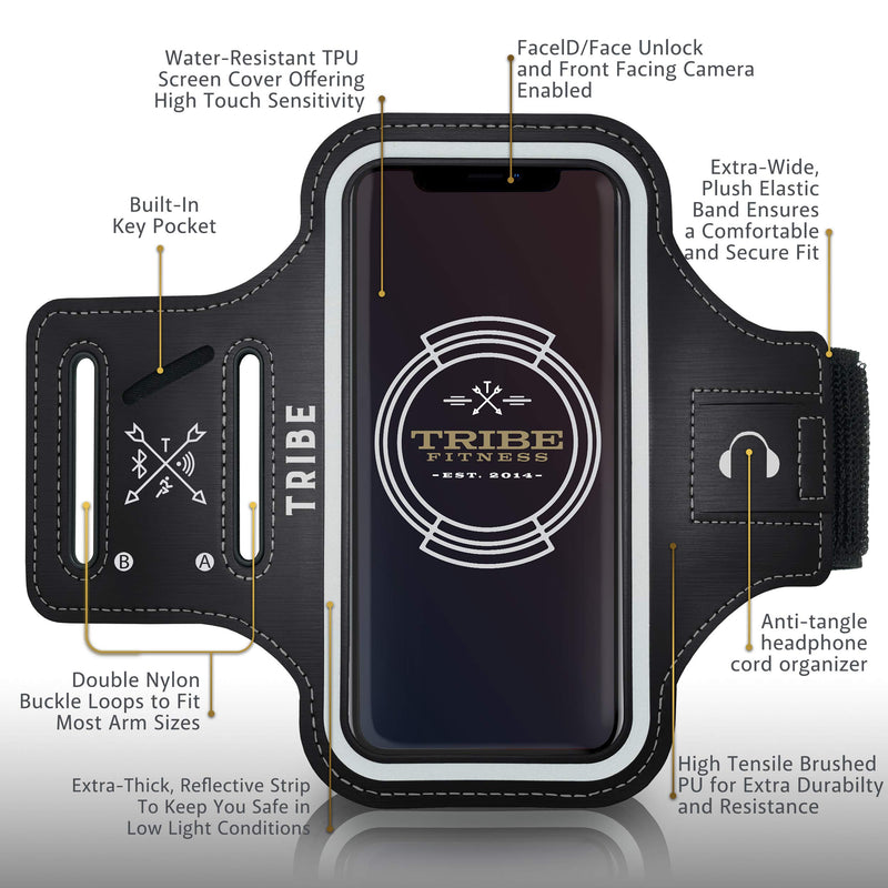 TRIBE Water Resistant Cell Phone Armband Case Running Holder for iPhone Pro Max Plus Mini SE (12/11/X/XS/XR/8/7/6/5) Galaxy S Ultra Plus Lite Edge Note (21/20/10/9/8/7/6/5) Adjustable Strap Pocket Key Black L: iPhone+/Pro Max/XR/XS Max/Galaxy+/Ultra/Note