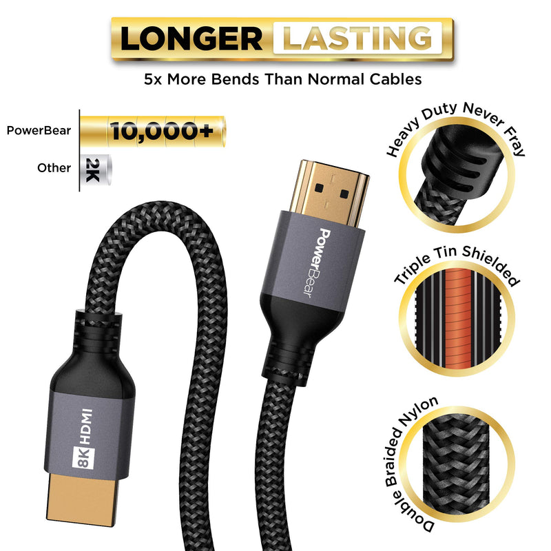 PowerBear 8K HDMI Cable 15 ft | High Speed, Braided Nylon & Gold Connectors, 8K @ 60Hz, 4K @ 120 HZ, 2K, 1080P & ARC Compatible | for Laptop, Monitor, PS5, PS4, Xbox One, Fire TV, Apple TV & More 15 Feet 1