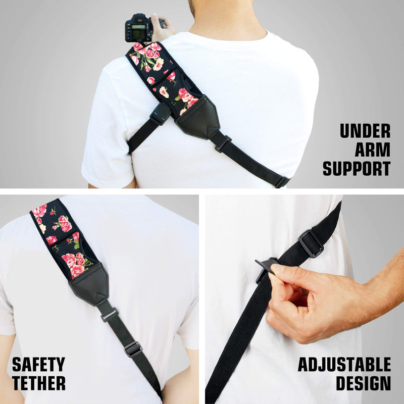 USA GEAR Camera Sling Shoulder Strap with Adjustable Neoprene, Safety Tether, Accessory Pocket, Quick Release Buckle - Compatible with Canon, Nikon, Sony and More DSLR and Mirrorless Cameras (Floral) Floral